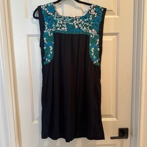 Black Embroidered Floral Shift Dress - Teal & White Accents